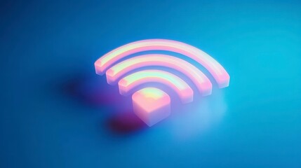 Wall Mural - glowing neon wifi symbol on blue background.