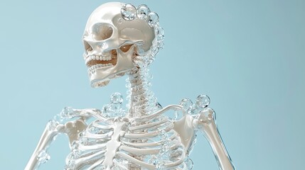 Wall Mural - glass skeleton with bubbles, light blue background.