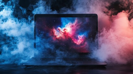 Wall Mural - laptop displaying a nebula image, enveloped in blue and red smoke.