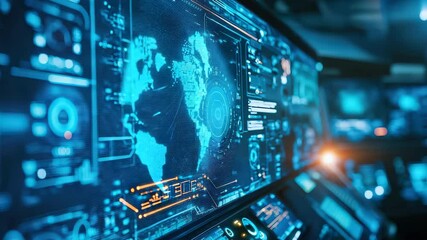 Poster - A futuristic digital interface panel displays a glowing world map surrounded by data, graphics, and analytic technology elements.