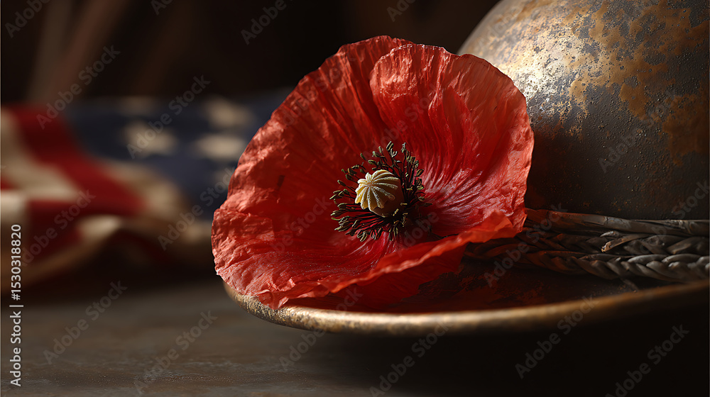 A red poppy on a soldier's helmet, symbolizing remembrance and sacrifice on Memorial Day.