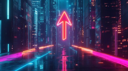 Wall Mural - neon arrow glowing brightly in a futuristic city street at night, symbolizing progress and growth.