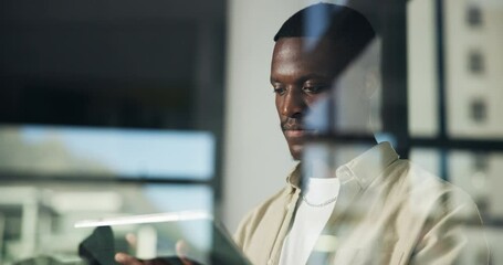 Poster - Office, black man and reading on tablet for information, software update or application development. Window, business person and web designer with digital for scroll online, page review and research