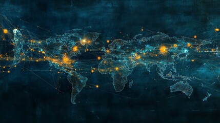 Wall Mural - global network connections visualized on a world map with glowing nodes and lines.
