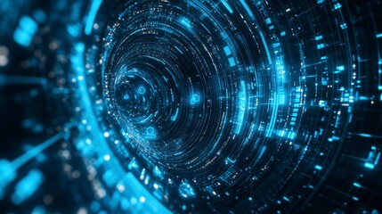 Wall Mural - abstract digital tunnel with glowing blue lines and data streams.