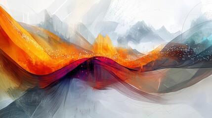 Wall Mural - abstract art painting of vibrant orange, purple, and gray waves and mountains.