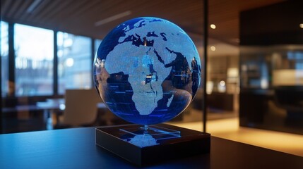 Wall Mural - glass globe levitating on a dark base in a modern office.