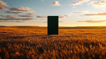 Wall Mural - a tall dark structure rises in the center of a golden field at sunset. the sky is filled with soft c