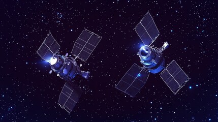 Wall Mural - two satellites orbiting earth against a starry backdrop.