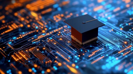 Poster - graduation cap on a circuit board, symbolizing online education and technology.