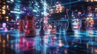 © MochSjamsul - Futuristic Digital Chess Game with Glowing Elements and Cityscape Backdrop