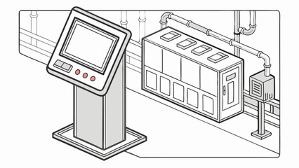 Isometric view of a control panel with screen and buttons next to industrial equipment and pipes in a factory setting