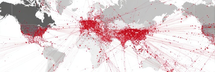 Fototapete - Network Map Illustrating Red Threat Paths Extending From Phishing Links Across Global Locations and Connections in a Clear Layout
