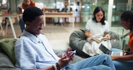 Group, studying and man with smartphone, college and smile for message on social media and students. Education, people and happy with mobile app for chat, texting or relax with tech for communication