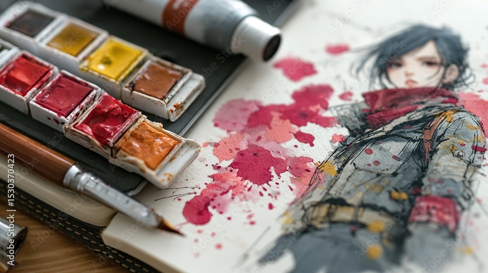 Vibrant Red Ink Splashes and Watercolor Painting Flatlay Stock Photo ...