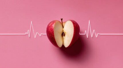 Aufkleber - Red Apple Sliced Into Heart Shape Surrounded by a Heartbeat Line on a Pink Background for Health and Love Themes
