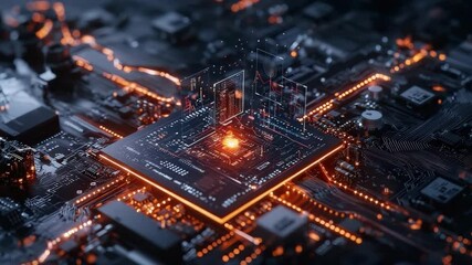 Fototapete - A glowing microchip with digital data projections stands out on a detailed circuit board, symbolizing advanced computing technology.