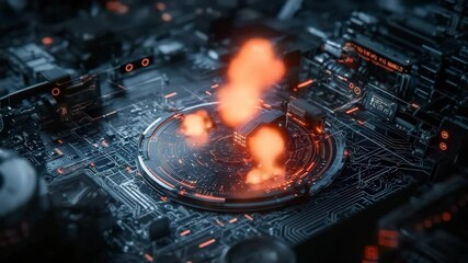 Aufkleber - A futuristic electronic circuit board with glowing orange lights and digital energy emanations at the center.