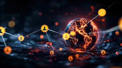 Aufkleber - A glowing digital globe with vibrant orange network connections sits atop a dark, abstract surface in a futuristic, cyber-inspired scene.