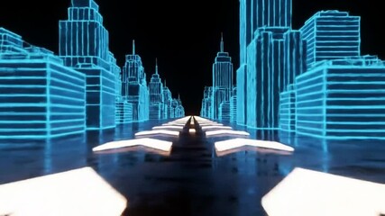 Wall Mural - futuristic neon cityscape with glowing arrows in blue and white wireframe on a black backdrop