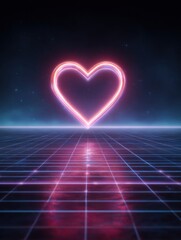 Aufkleber - Neon Heart Shines Above Futuristic Digital Grid in Vibrant Cyber Landscape at Night