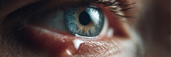 Poster - Close up View of Eye Showcasing Tear Droplet With Detailed Iris Patterns and Cinematic Lighting Effects Highlighting Emotional Depth and Clarity