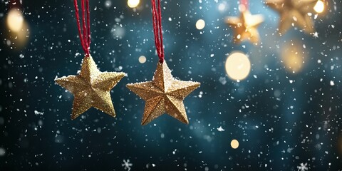 Wall Mural - Golden star ornaments hanging against a snowy, bokeh-lit, dark background