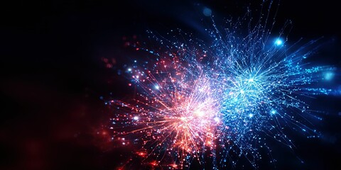 Wall Mural - Abstract clusters of red and blue particles erupt in dark space