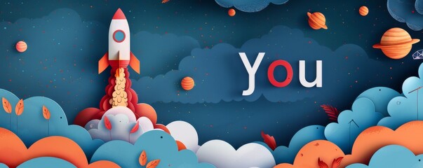 Wall Mural - rocket flying into the sky with clouds and stars in a whimsical scene