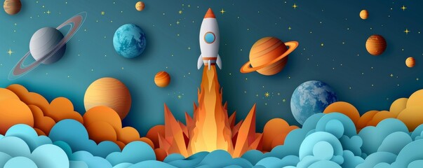 Wall Mural - rocket taking off surrounded by colorful planets and stars in space