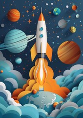 Wall Mural - rocket taking off from earth amidst colorful planets and stars in vibrant space illustration