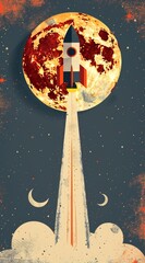 Wall Mural - retro-style rocket taking off from the moon with a vibrant galaxy backdrop