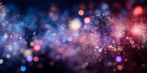 Wall Mural - Fireworks explode in blurred vibrant hues against a dark, blurred sky