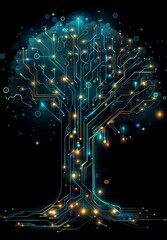 Wall Mural - illustration of a futuristic tree blending nature with technology in a circuit board style
