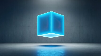 Wall Mural - glowing blue cube floats in a dark, gray, minimalist concrete space