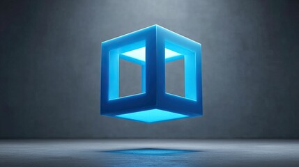 Wall Mural - Floating blue cube with open framework casting light on the grey floor