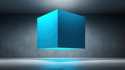 Canvas Print - Cyan cube floats in a minimalist, shadowed, grey concrete room