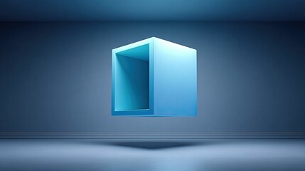 Wall Mural - blue open-ended cube floats in a stark room, casting a subtle shadow