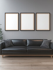 Poster - Modern black leather sofa, wooden floor, three empty frames, gray wall, cozy pillows, minimalist style