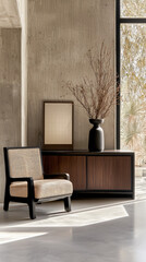 Poster - Modern minimalist interior with woven armchair, wooden sideboard, black vase, dried branches, and large window