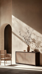 Poster - Modern minimalist interior with natural light, wooden chair, sideboard, ceramic vase, and dried branch decor
