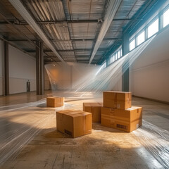 Poster - Cardboard box warehouse sunlight industrial packaging storage empty floor