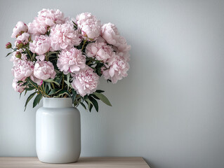 Poster - Pink peony flower bouquet in white ceramic vase on wooden table, soft natural light, peaceful home decor