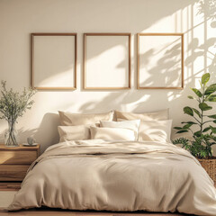 Poster - Cozy bedroom with beige bedding, wooden nightstand, indoor plants, and sunlight casting shadows on wall