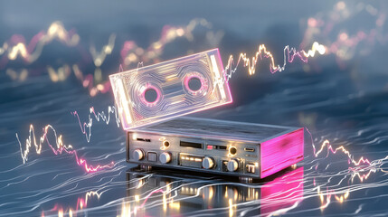 Poster - Side view glowing cassette retro audio player neon light futuristic music vibrant digital art energetic