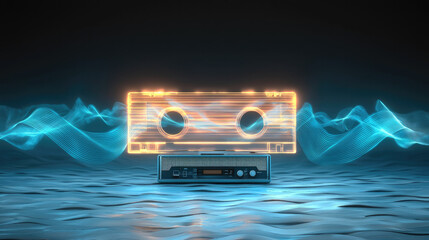 Poster - Glowing cassette, vintage audio, blue wave, retro music, neon light, futuristic, nostalgia