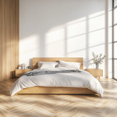 Poster - Low wooden bed with white bedding, sunlight streaming through window, minimalist bedroom, cozy and peaceful atmosphere