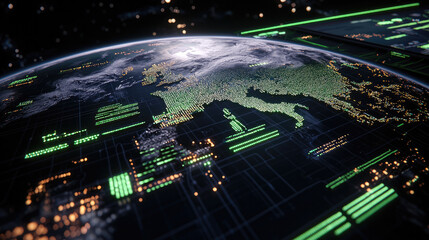 Poster - Digital map of Europe with glowing data points, futuristic technology, and network connections on Earth surface