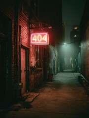 Aufkleber - Flickering Neon 404 Sign in Dark Alley Casts an Eerie Glow, Creating a Mysterious Atmosphere at Night