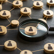 © ADEEL - a magnifying glass focusing on a target with interconnected wooden icons representing people, crm, and audience targeting strategies